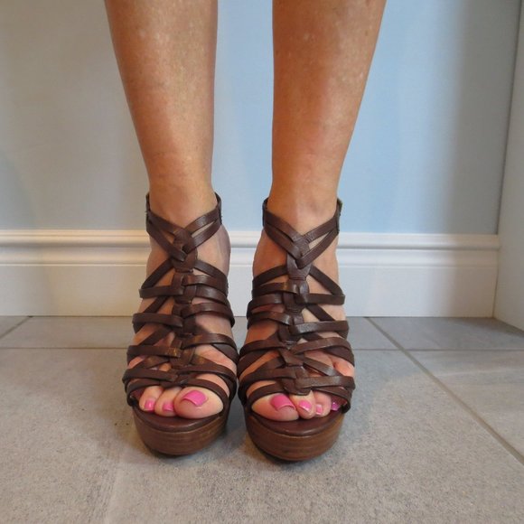 LAST CHANCE ALDO Brown Leather  Strappy High Heel Platform Sandals - Picture 3 of 11